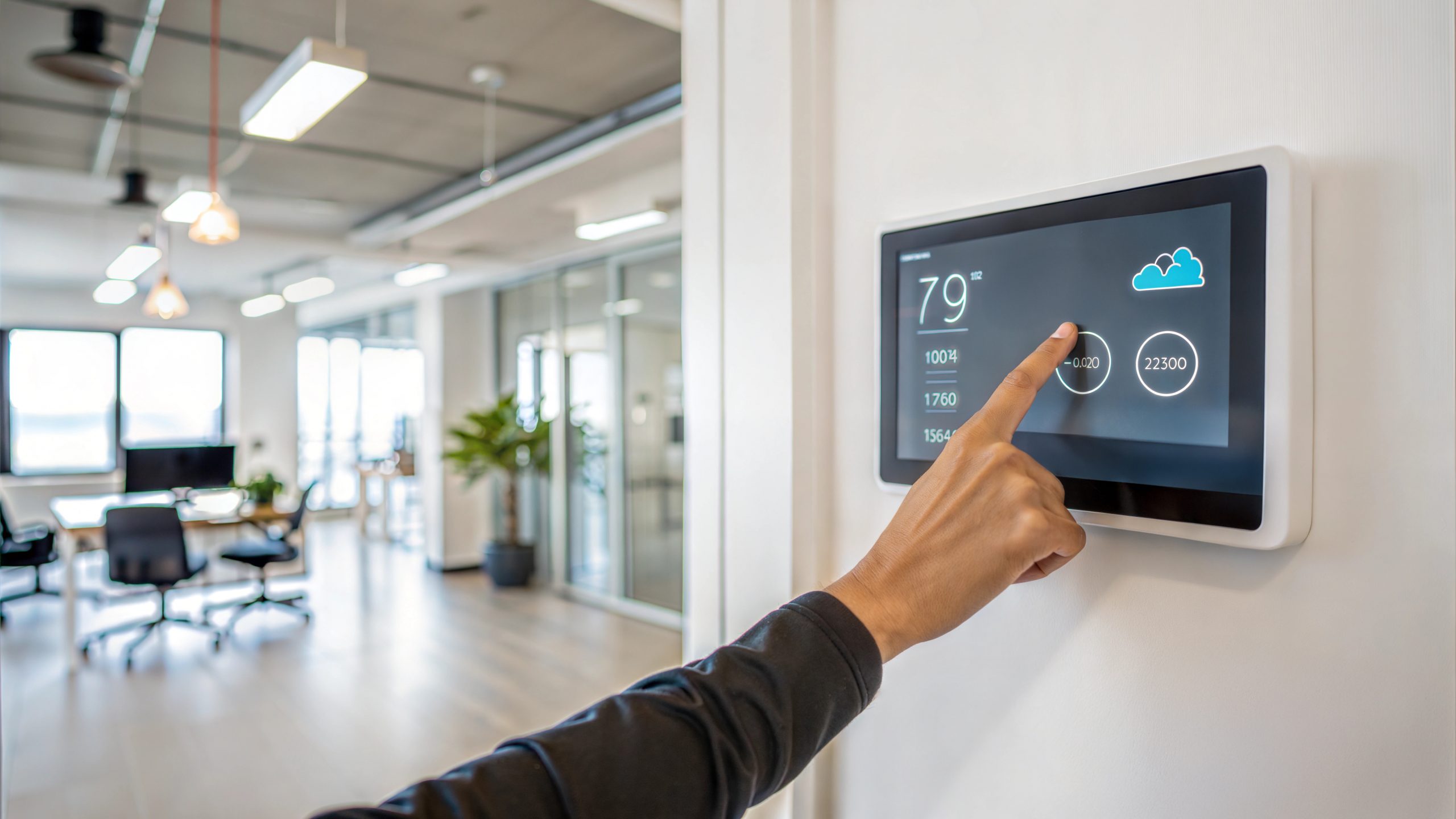 A modern office setting featuring a person adjusting a smart thermostat on the wall, with a view of an organized workspace and natural lighting.