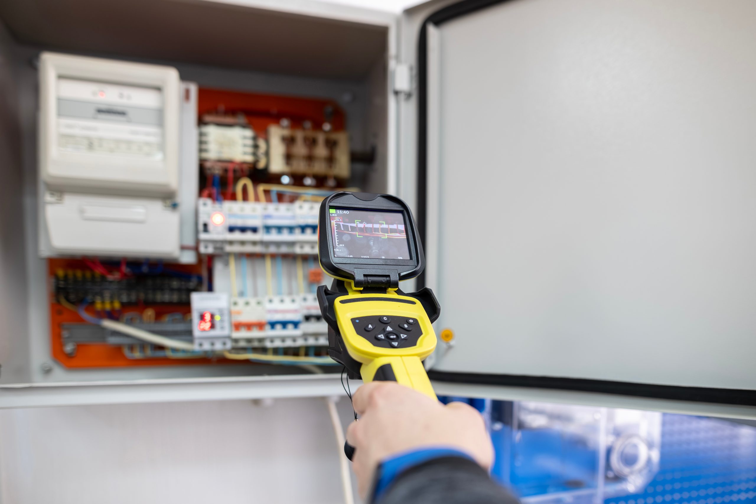 An electrician's hand holds a thermal imaging camera to inspect an open electrical panel, checking for overheating components, hotspots, and potential faults during maintenance.
