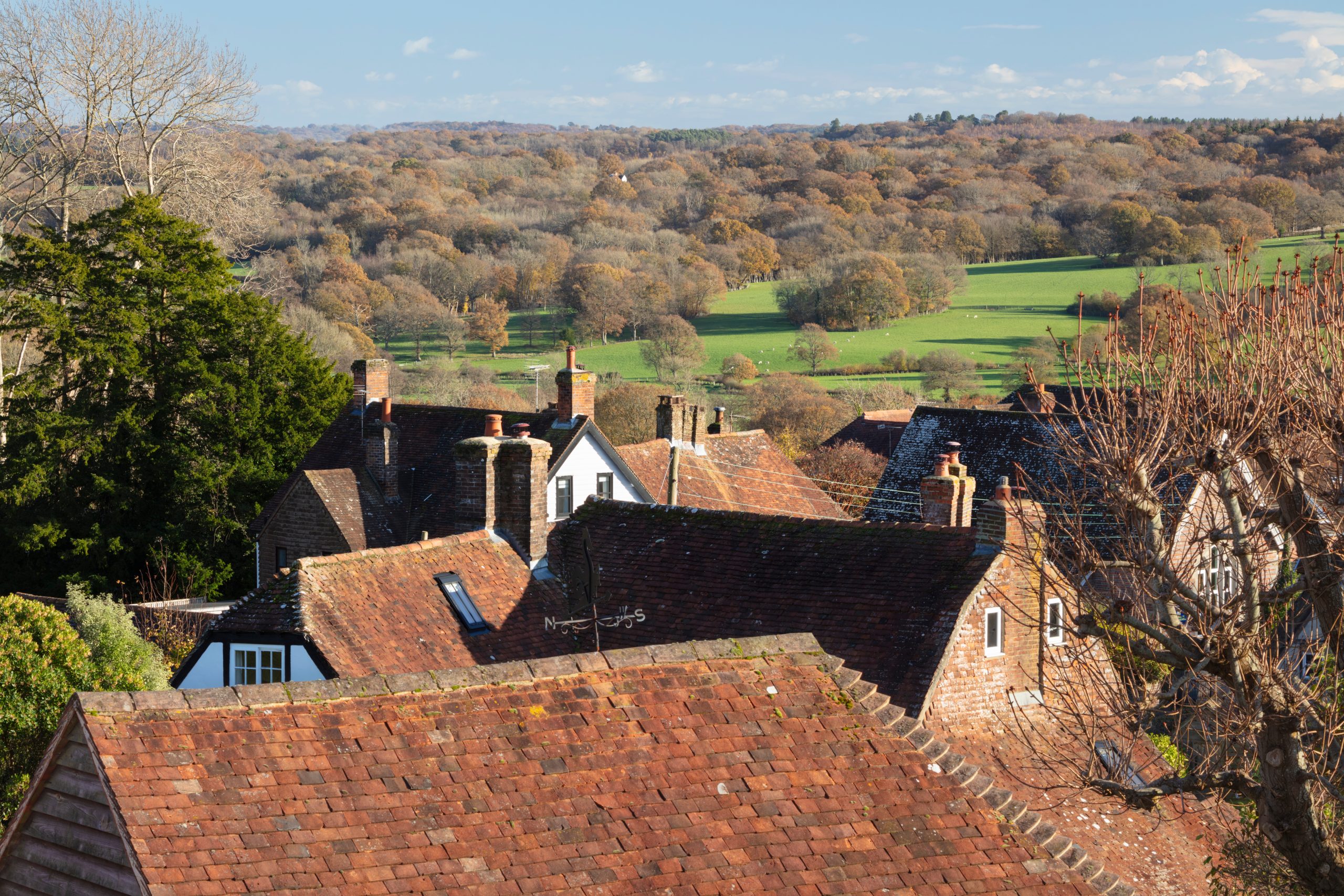 View over cottage roofs in the village of Burwash