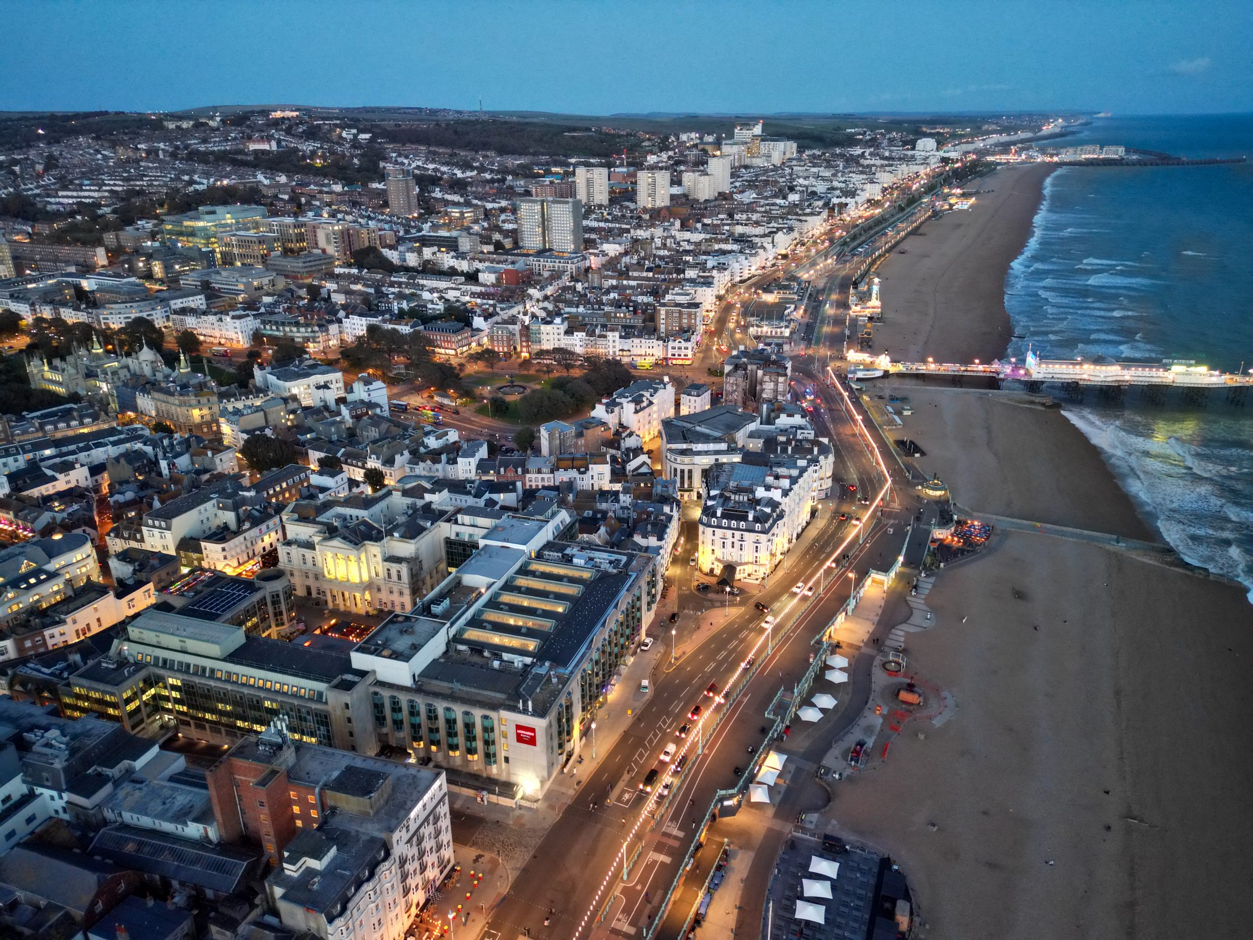 Brighton and Hove Sea front Beach early evening Aerial View Drone Shot