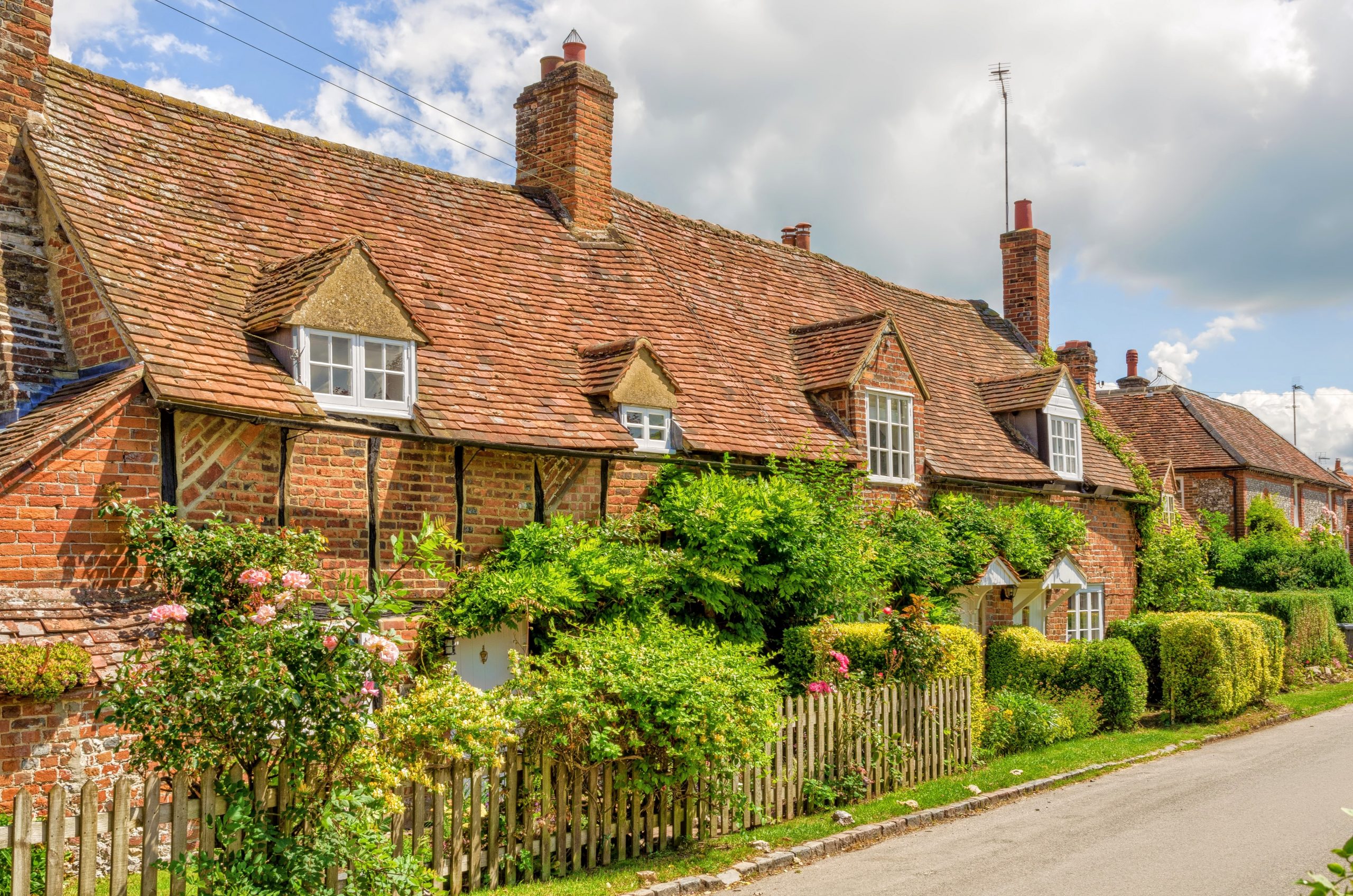 Gardens in front of row of cottages in the village