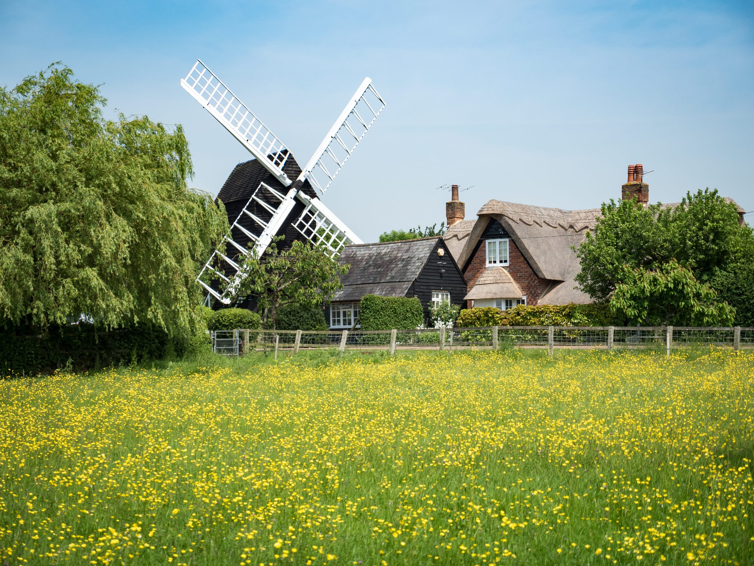 A traditional old English windmill and farm house cottage nestling in the spring English countryside