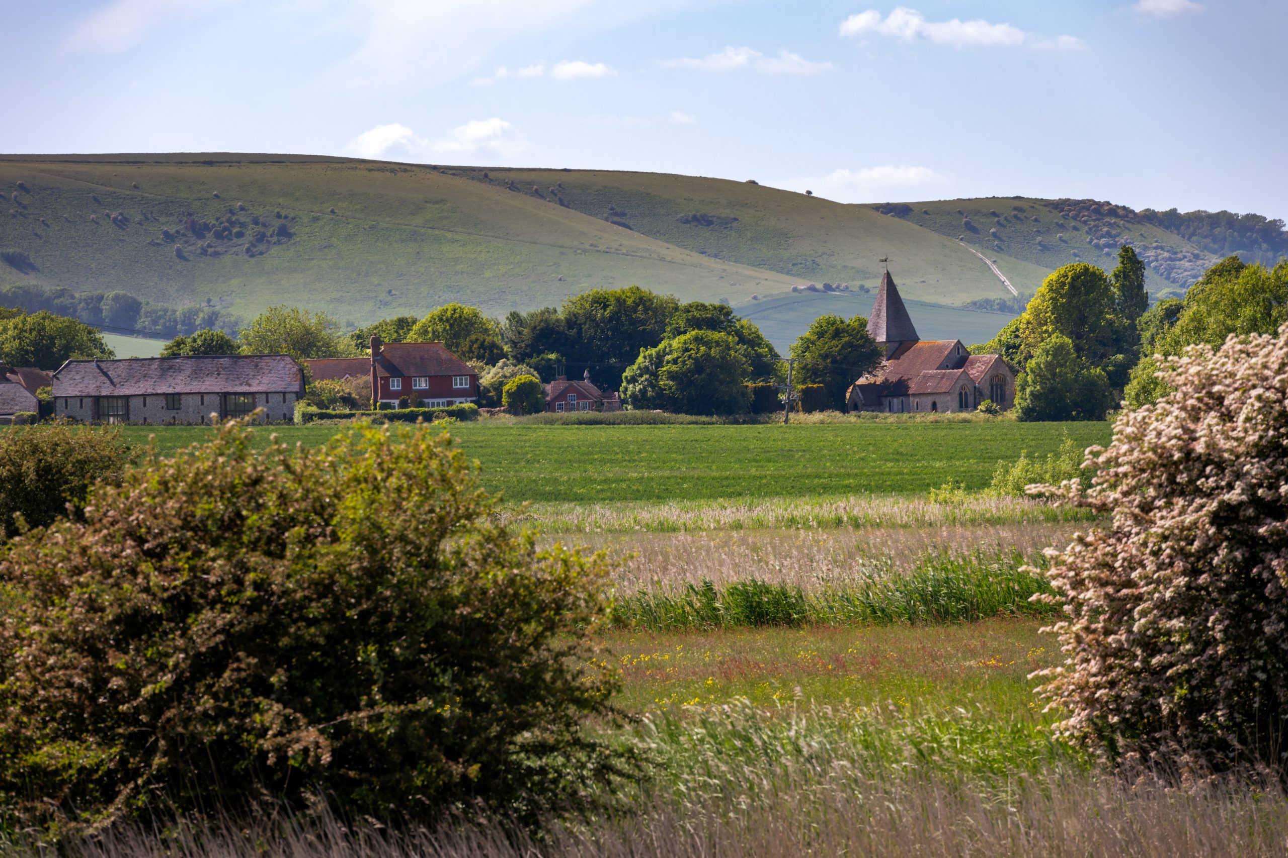 View of Rodmell St Peter's church in spring, East Sussex