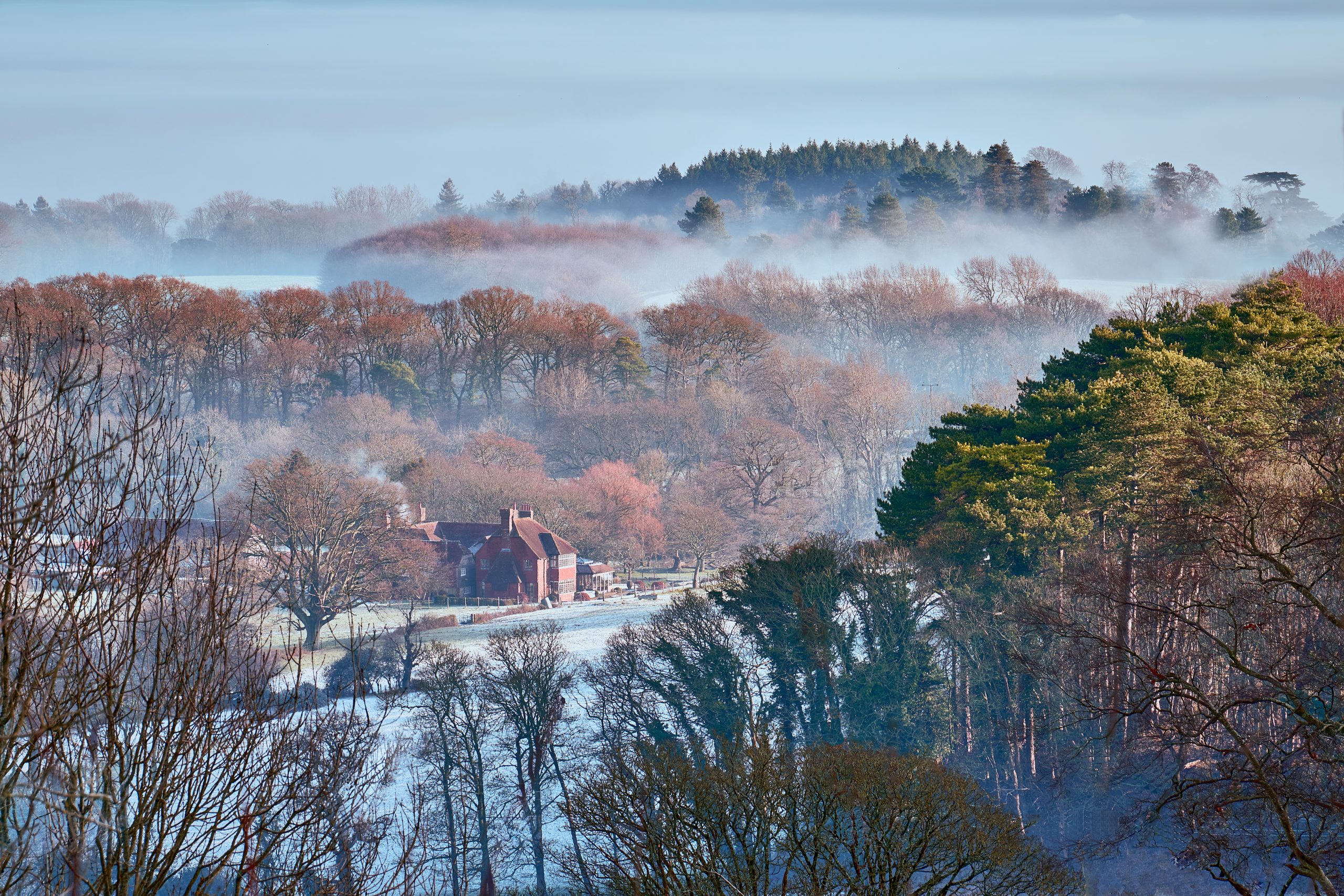 View from the South Downs in winter looking across the Sussex Low Weald on a frosty foggy day