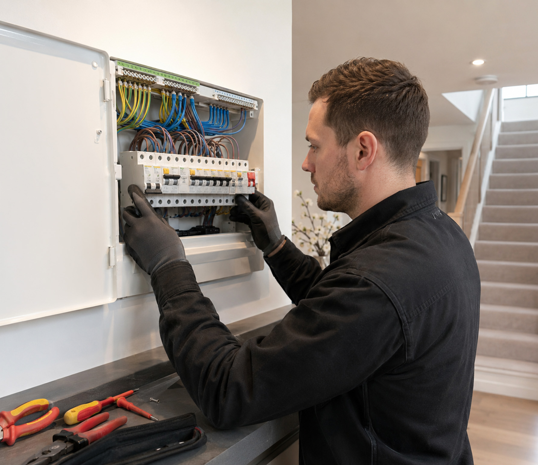 Electrician working on consumer unit